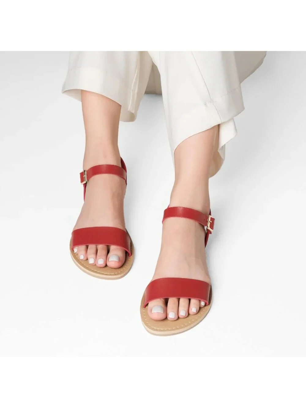 Women Red Flat Sandal Open Toe Ankle Strap Faux Leather Non Slip Shoes